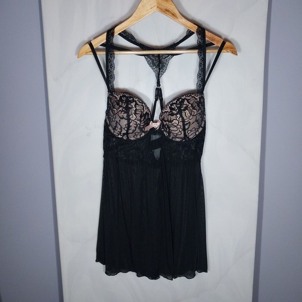 Daisy Fuentes XL Black Lace Sheer Babydoll Chemise Underwire Rhinestone Heart